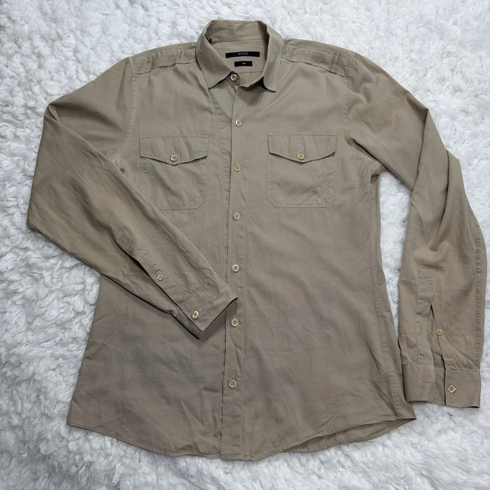 GUCCI Mens Shirt 39 15.5 Beige Long Sleeve Button Made in Italy Logo Safari Rare
